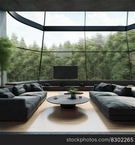Futuristic design interior living room with large windows and overlooking the forest views, generative ai