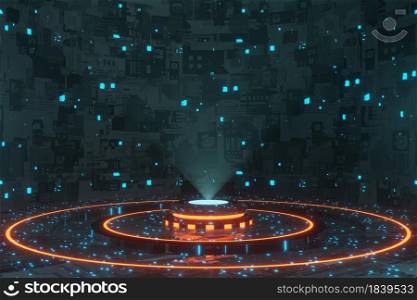 Futuristic Digital Technology hologram portal podium stage spaceship 3D rendering
