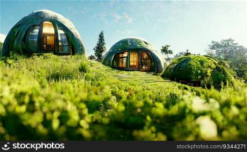 Futuristic domed houses. Eco village gl&ing. Green grass. Generative AI technology. Futuristic domed houses. Eco gl&ing. Green grass. Generative AI technology
