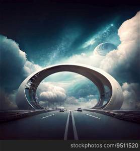 Futuristic dramatic cloudscape with highway and concept arch. Generative AI drawing. Futuristic dramatic cloudscape with highway and concept arch. Generative AI