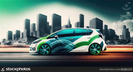 Futuristic electric car driving on urban highway road. distinct generative AI image.. Futuristic electric car driving on urban highway road