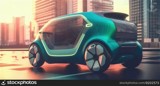 Futuristic electric car driving on urban highway road. distinct generative AI image.. Futuristic electric car driving on urban highway road
