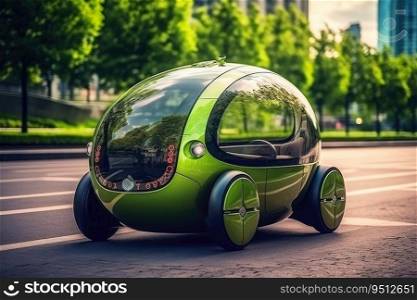 Futuristic electric car in a green city created with generative AI technology