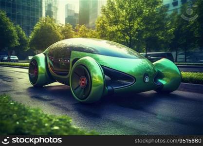 Futuristic electric car in a green city created with generative AI technology