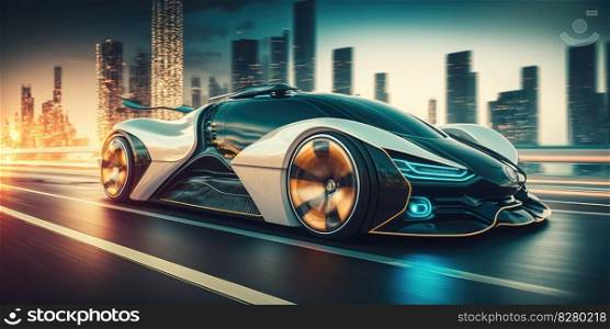 Futuristic electric car, super car driving on city highway road with motion blur. distinct generative AI image.. Futuristic electric car, super car driving on city highway road with motion blur