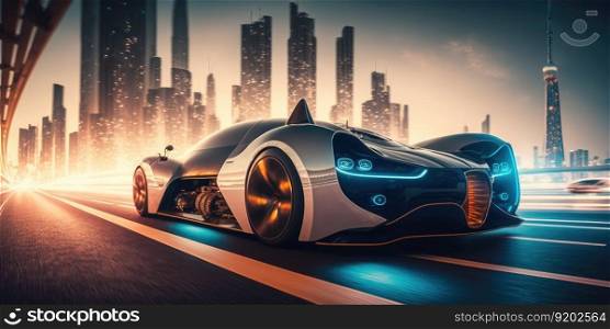 Futuristic electric car, super car driving on city highway road with motion blur. distinct generative AI image.. Futuristic electric car, super car driving on city highway road with motion blur