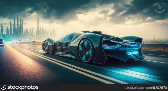 Futuristic electric car, super car driving on city highway road with motion blur. distinct generative AI image.. Futuristic electric car, super car driving on city highway road with motion blur