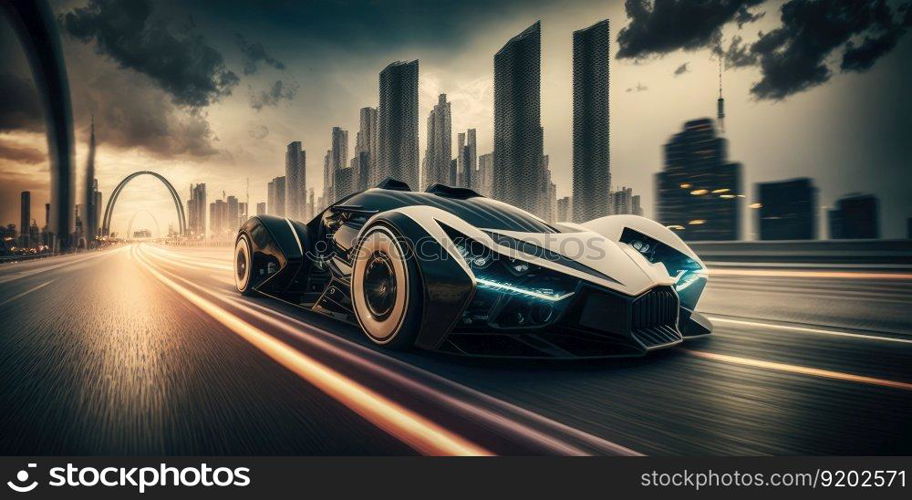 Futuristic electric car, super car driving on city highway road with motion blur. distinct generative AI image.. Futuristic electric car, super car driving on city highway road with motion blur