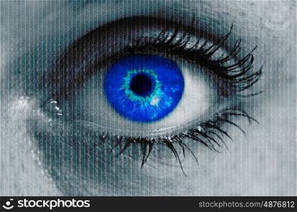 futuristic eye with matrix texture looking at viewer.