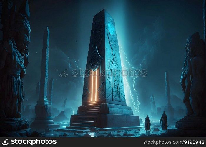 Futuristic fantasy ancient obelisk of fairytale civilization. Neural network AI generated art. Futuristic fantasy ancient obelisk of fairytale civilization. Neural network AI generated