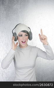 futuristic fashion future woman hearing music silver headphones