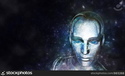 Futuristic female android at space background - 3D rendering. Futuristic Female Android