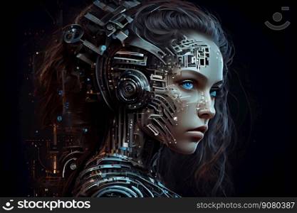 Futuristic female android. Picture made by Artificial Intelligence.. Futuristic female android. Picture made by Artificial Intelligence