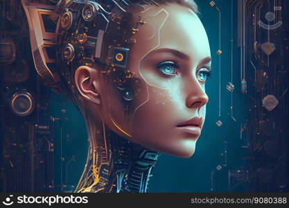 Futuristic female android. Picture made by Artificial Intelligence.. Futuristic female android. Picture made by Artificial Intelligence