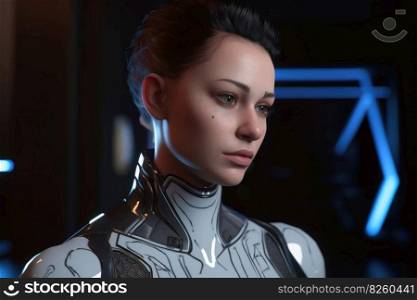 Futuristic female android with cybord technology created with generative AI technology