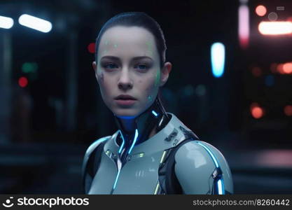 Futuristic female android with cybord technology created with generative AI technology