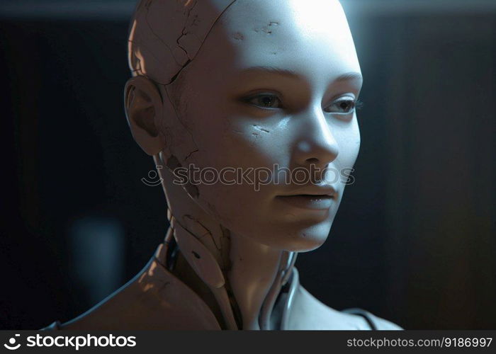 Futuristic female android with cybord technology created with generative AI technology