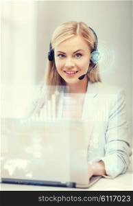 futuristic female helpline operator with headphones and virtual screen. futuristic female helpline operator