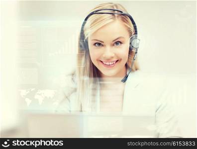 futuristic female helpline operator with headphones and virtual screen. futuristic female helpline operator