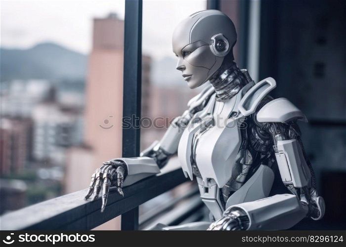 futuristic female robot cyborg on the balcony of high-rise building, generative ai.