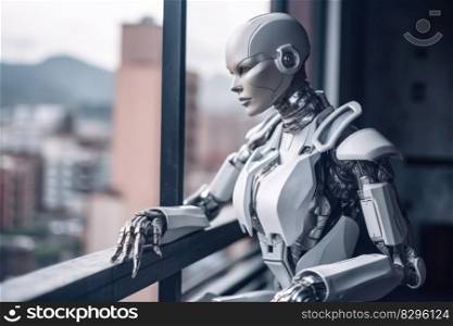 futuristic female robot cyborg on the balcony of high-rise building, generative ai.