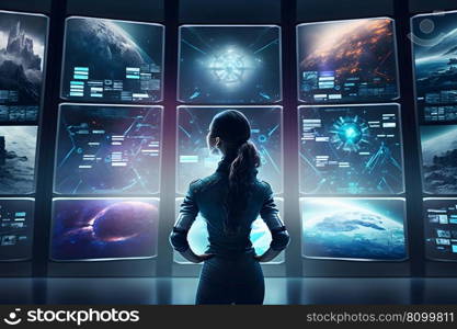 Futuristic girl astronaut on a spaceship looks into the monitors of a quantum computer. Neural network AI generated. Futuristic girl astronaut on a spaceship looks into the monitors of a quantum computer. Neural network AI generated art