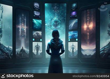 Futuristic girl astronaut on a spaceship looks into the monitors of a quantum computer. Neural network AI generated. Futuristic girl astronaut on a spaceship looks into the monitors of a quantum computer. Neural network AI generated art