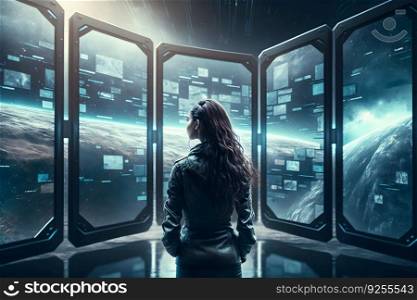 Futuristic girl astronaut on a spaceship looks into the monitors of a quantum computer. Neural network AI generated. Futuristic girl astronaut on a spaceship looks into the monitors of a quantum computer. Neural network AI generated art