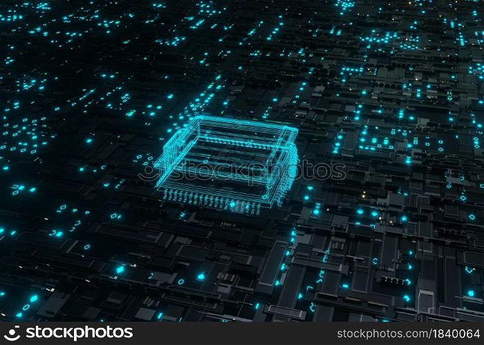 Futuristic glowing CPU processor blue light on Motherboard Circuit board 3D rendering