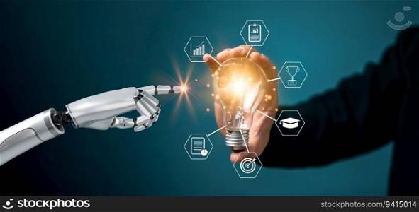 futuristic hand robot pointing lightbulb, representing concepts of artificial intelligence, AI, robotics, machine learning and education innovation.digital technology analysis.