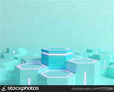 Futuristic hexagonal sci-fi pedestal in mint blue color with neon light for display product showcase, 3d rendering