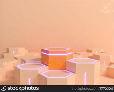 Futuristic hexagonal sci-fi pedestal in peach orange color with purple neon light for display product showcase, 3d rendering