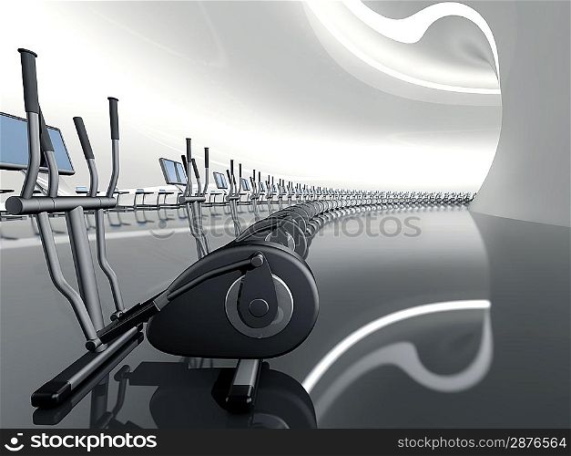 Futuristic huge curved modern gym with many elliptical cross trainer in a row