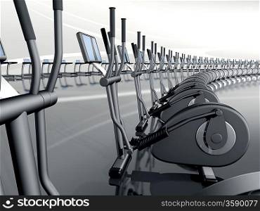 Futuristic huge curved modern gym with many elliptical cross trainer in a row