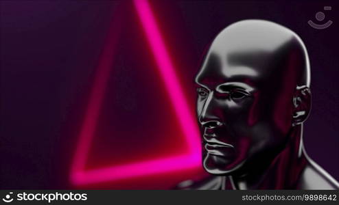 Futuristic human head with iridescent glare in front of geometric neon, 3d rendering. Computer generated virtual background.. Human head with iridescent glare in front of geometric neon, 3d rendering. Computer generated virtual background.