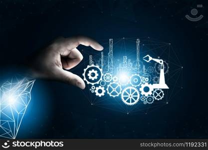 Futuristic industry 4.0 concept - Engineering with graphic interface showing automation design, robot operation, usage of machine deep learning for future manufacturing.. Futuristic industry 4.0 engineering concept.