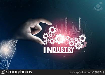 Futuristic industry 4.0 concept - Engineering with graphic interface showing automation design, robot operation, usage of machine deep learning for future manufacturing.