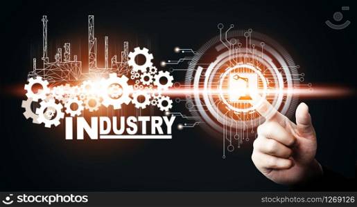 Futuristic industry 4.0 concept - Engineering with graphic interface showing automation design, robot operation, usage of machine deep learning for future manufacturing.