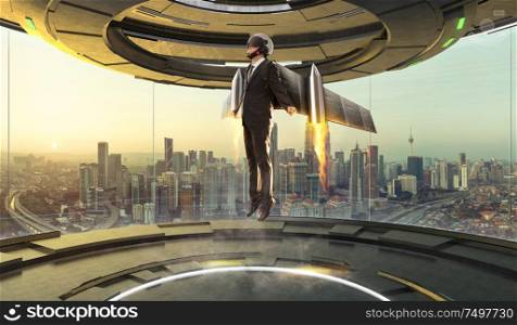 Futuristic interior design empty space room with Businessman wear a rocket suit to lift ,.Business success concept . Mixed media .