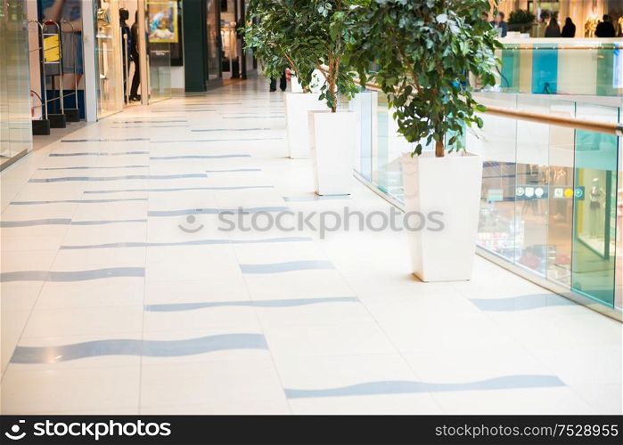 Futuristic interior of modern mall with green plants