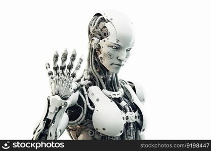 Futuristic isolated on white robotic woman with gesturing hands  Ai generative.