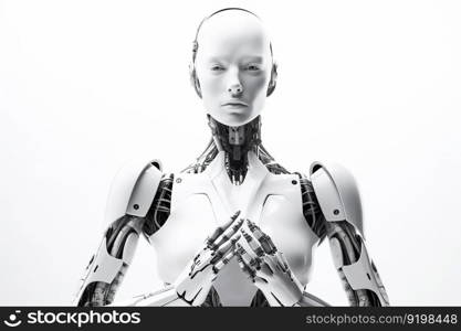 Futuristic isolated on white robotic woman with gesturing hands  Ai generative.