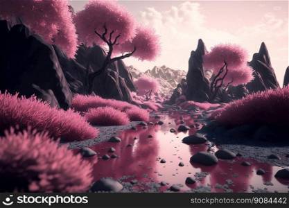 Futuristic Landscape with Pink Blossoming Trees, Fairy Garden with Lake and Mountains. Generative AI. Futuristic Landscape with Pink Blossoming Trees, Fairy Garden. Generative AI
