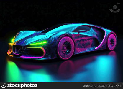 Futuristic luxury sports car neon colors created with generative AI technology