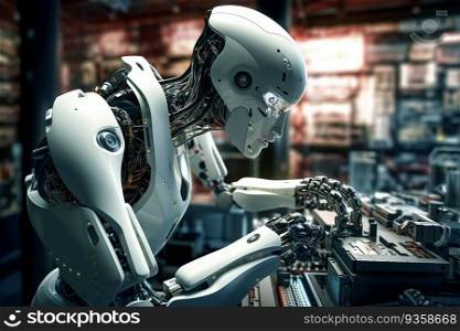 Futuristic Man AI Robot Equipped Advanced Technology Help Human Work in a Room Full of Machine