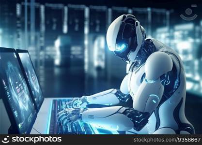 Futuristic Man AI Robot Equipped With Advanced Technology Help Complete Tasks in Information Processing Room