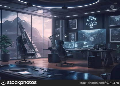 Futuristic meeting room interior, conference room, coworking. Modern Office. Neural network AI generated art. Futuristic meeting room interior, conference room, coworking. Modern Office. Neural network AI generated