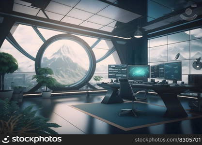 Futuristic meeting room interior, conference room, coworking. Modern Office. Neural network AI generated art. Futuristic meeting room interior, conference room, coworking. Modern Office. Neural network AI generated