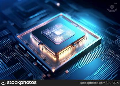 Futuristic Microchip Processor Central Processing Unit with Technology Concept Blue Light on Motherboard Background