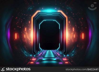 Futuristic Modern Abstract Background of Cyberpunk Themed Neon Glowing Tunnel